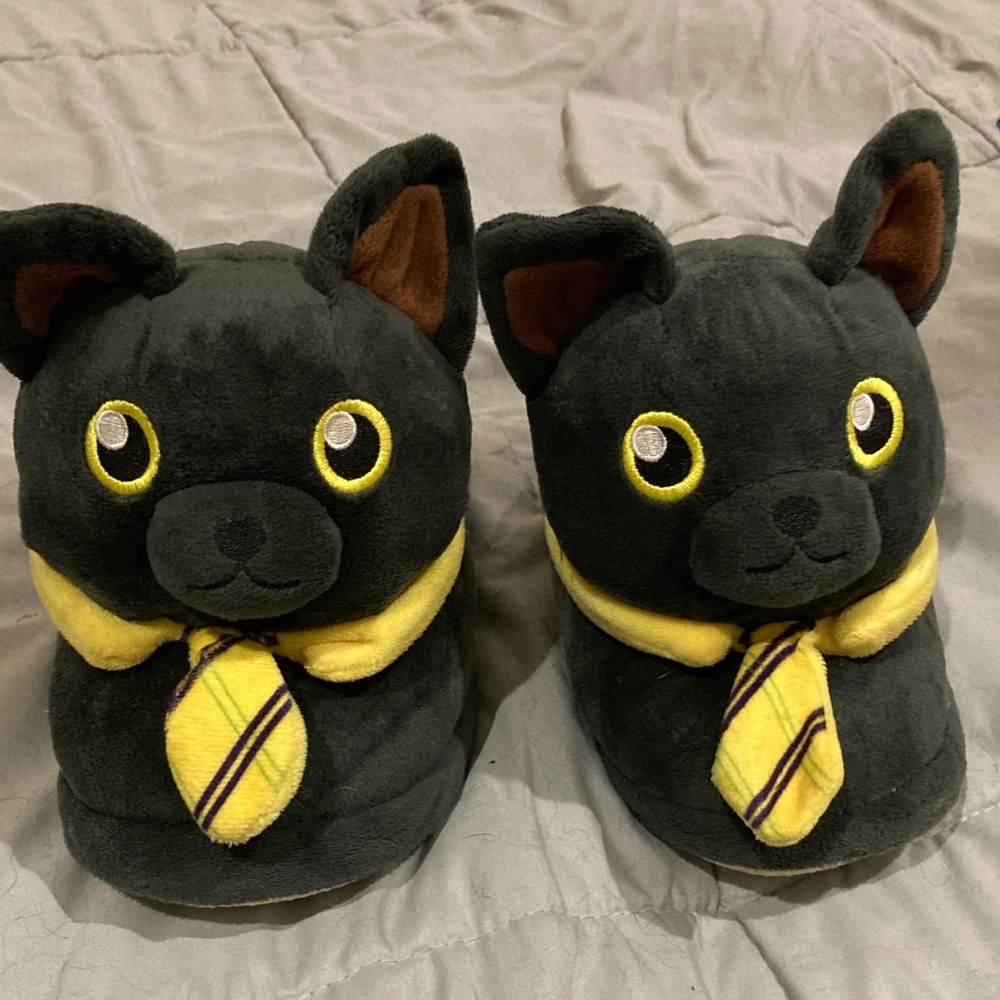Black Cat Plush Slippers with Yellow Accents Mr Beast